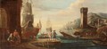 A Mediterranean Harbor Scene With Sailors And Other Figures On The Docks - North-Italian School