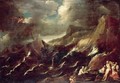 A Stormy Seascape With Ships Being Wrecked Off A Rocky Coast With Mercury And Cupid And Other Figures In The Foreground - North-Italian School