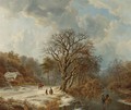 A Forest And River Landscape In Winter With Skaters And Villagers On A Path - Johann Bernard Klombeck