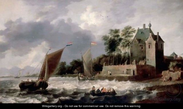 An Estuary Scene, With Rowing Boats And Small Sailing Boats Before A Fortified House - Gilles Peeters