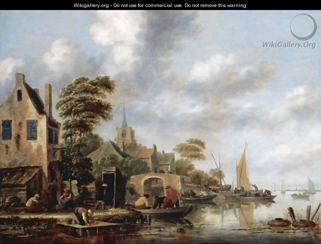A Riverside Village With Figures Unloading Sailing Boats In The Background - Thomas Heeremans