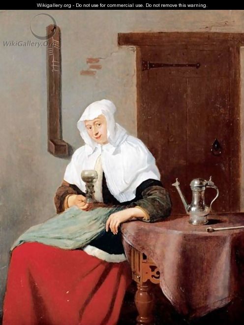 A Woman Seated At An Inn Table Holding A Roemer - Quiringh Gerritsz. van Brekelenkam