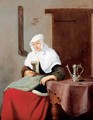 A Woman Seated At An Inn Table Holding A Roemer - Quiringh Gerritsz. van Brekelenkam