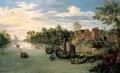 A River Landscape With A Ferry And Small Sailing Vessels Moored Before A Village - Jan, the Younger Brueghel