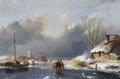 Skaters On A Frozen Waterway - Andreas Schelfhout