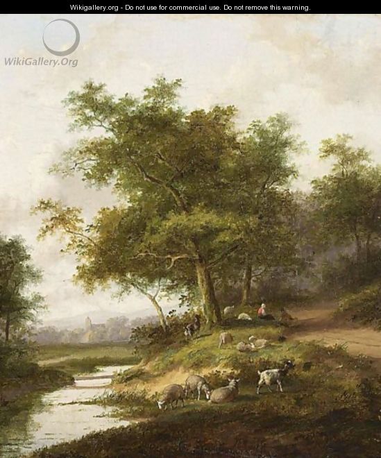 A Shepherdess And Her Flock At Rest - Franz van Severdonck