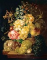 Still Life Of Roses, Honeysuckle And Other Flowers With Peaches And Grapes In A Basket, Togther With Grapes, Half A Walnut And A Birds Nest Upon A Ledge - Johann Baptist Drechsler