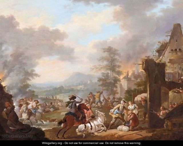 A Battle Scene With A Village Being Sacked - (after) Jan Peeter Verdussen