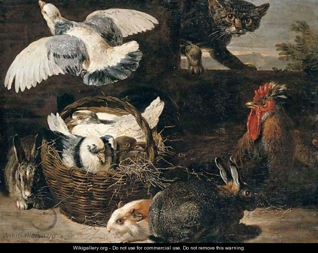 A Still Life Of Pigeons, Rabbits, A Cat, A Chicken And A Guinea Pig In A Farmyard Setting - David de Coninck