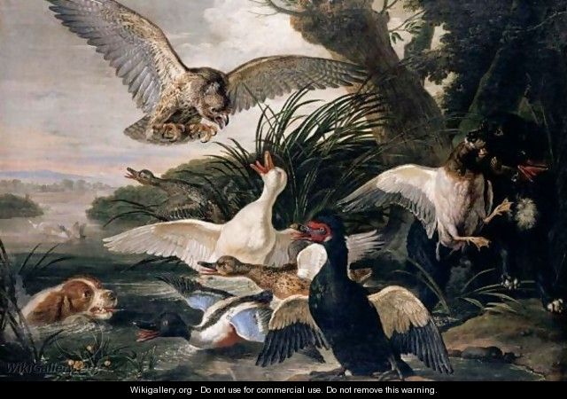 Waterfowl Assailed By Dogs And A Buzzard, In A River Landscape Setting - David de Coninck