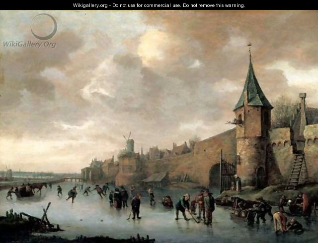 A Winter Landscape With Figures Skating, Playing Kolf And Conversing On A Frozen River Outside The Walls Of A Fortified Town. - (after) Jan Steen