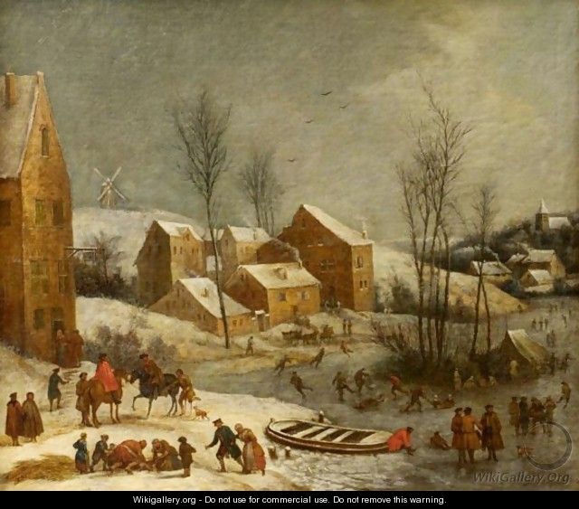 Winter Landscape With Numerous Figures Skating Near A Village - Jan Peeter Verdussen