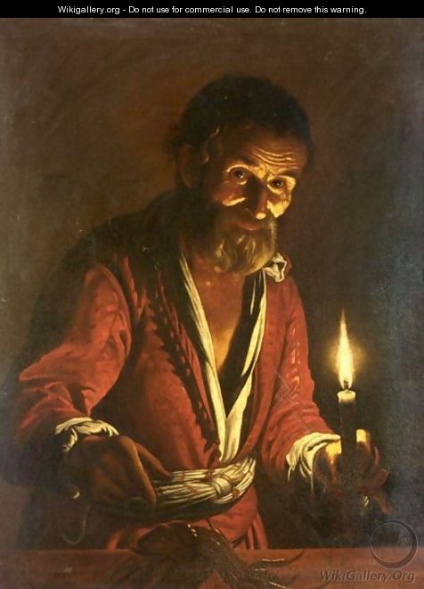 A Nocturnal Scene With A Man Holding A Candle, Pointing To A Crab On A Table - (after) Matthias Stomer