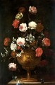 Still Life With Various Flowers In A Gilt Urn On A Stone Ledge - (after) Andrea Scacciati