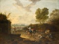 An Italianate Landscape With Drovers Watering Their Animals At A Well - J. Tillemans