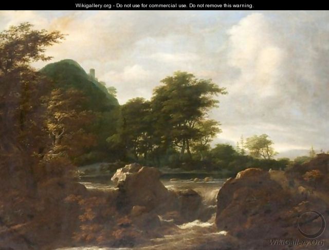 Woodland Landscape With Drovers And Their Animals Beside A Cascade - (after) Jacob Van Ruisdael