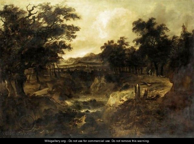 A Wooded River Landscape, With Figures On A Path By A Cascade - (after) Jacob Van Ruisdael