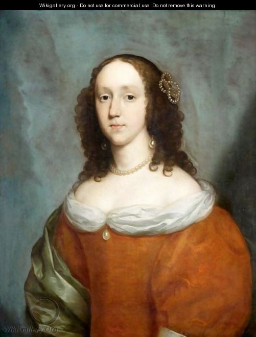 Portrait Of A Lady, Half Length, Wearing An Orange Silk Dress And A Green Silk Shawl - Cornelius Janssens van Ceulen
