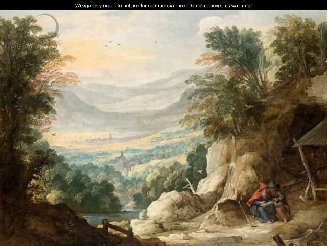 An Extensive Mountainous Landscape With Two Hermits Reading In The Foreground - (after) Joos De Momper