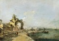 A Venetian Capriccio Of The Lagoon With Figures And A Ruined Arch Beyond - Francesco Guardi