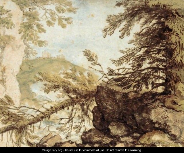 Wooded Mountain Landscape With A Fallen Pine And A Distant Castle - Allaert van Everdingen