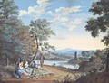 A Landscape With Figures Resting By A River, A Tower To The Right And Buildings In The Background - Giovanni Battista Busiri