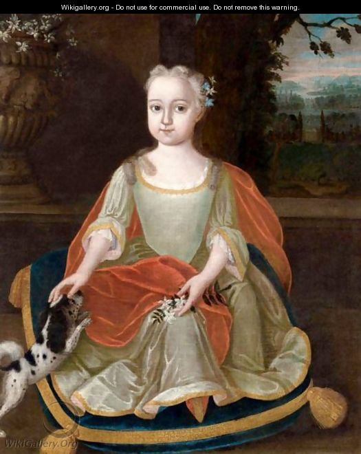 Portrait Of A Young Girl, Full Length, Wearing A Green Silk Dress, Sitting On A Cushion With A Small Dog - Austrian School