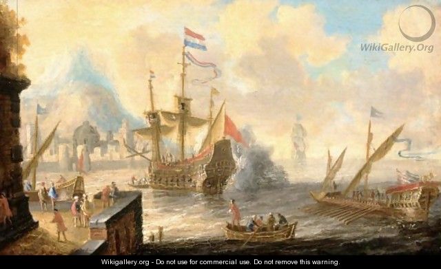 A View Of A Mediterranean Harbour Scene With A Galley And A Dutch Man Of War In The Foreground - (after) Bonaventura Peeters I