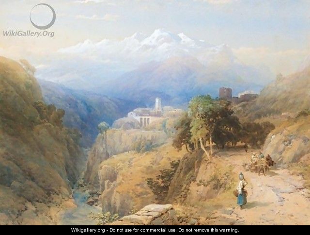 Figures On A Mountain Track, A Town Beyond, Italy - Thomas Miles Richardson, Jnr.