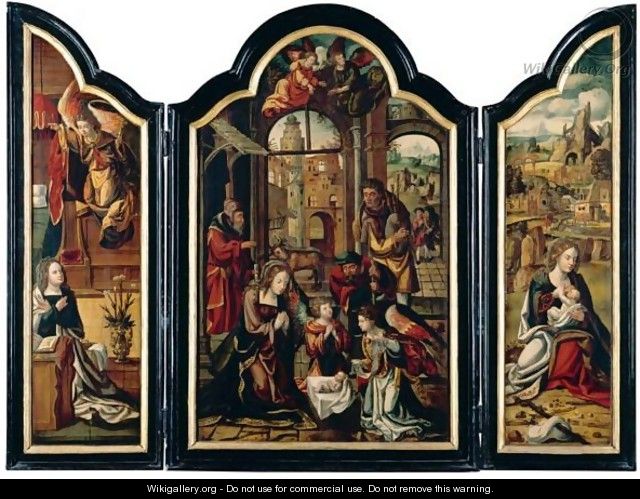 A Triptych The Adoration Of The Christ Child, Flanked By The Annunciation And The Rest On The Flight Into Egypt - (after) Pieter Coecke Van Aelst