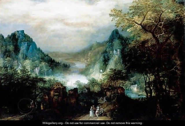 A Mountainous River Landscape With Elegant Figures On The Approaches To A Village - David Vinckboons