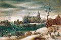 A Winter Landscape With Figures Skating On A Frozen River Before A Church - (after) Jacob Grimmer