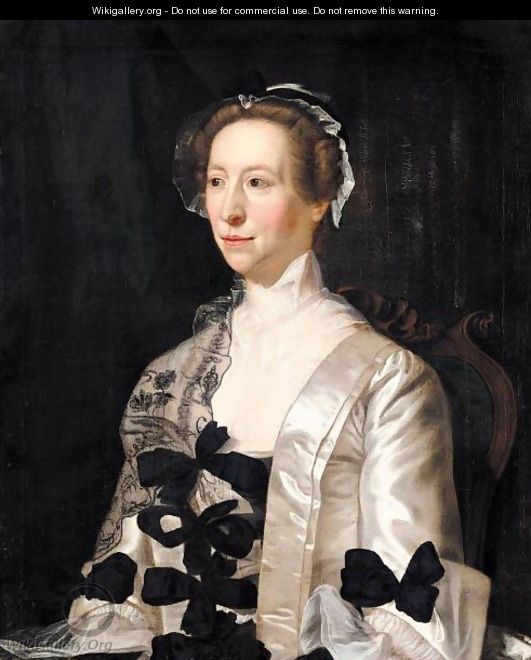 Portrait Of A Lady, Half Length, Wearing A White Satin Dress With Black Bows - Henry Pickering
