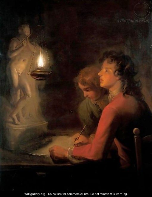 The Drawing Lesson A Candlelight Study Of Two Boys, One Drawing A Statue Of A Boy Playing A Flute - (after) Godfried Schalcken