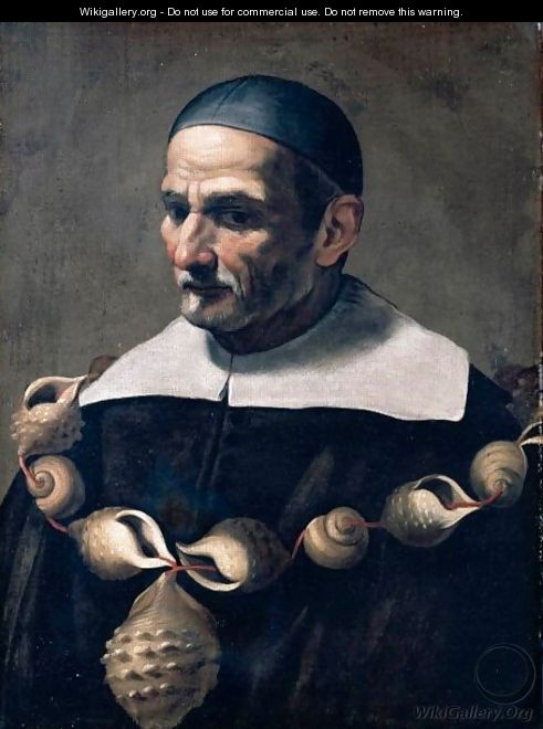 Portrait Of A Man, Half Length, In Black With A Lace Cap And Ruff, And Wearing A Chain Of Sea Shells - Neapolitan School