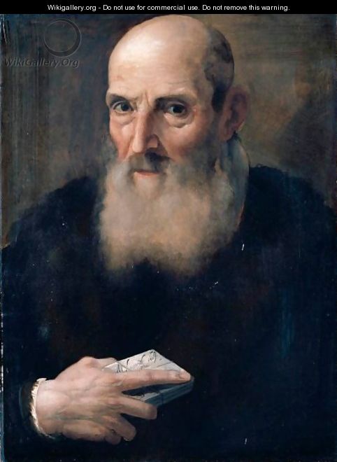 An Old Man, Head And Shoulders, Holding A Letter - Bolognese School