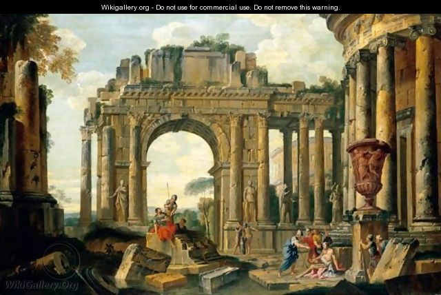An Architectural Capriccio With Belisarius And Soldiers Among Ruins - (after) Giovanni Paolo Panini