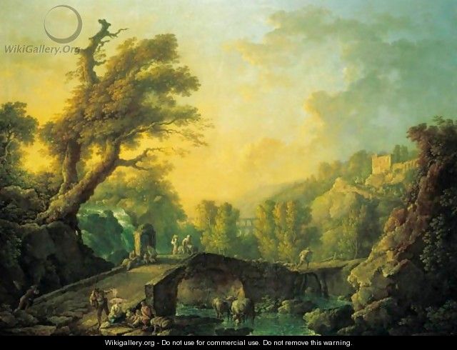 A River Landscape With Herders And Travellers Crossing A Bridge - Carlo Bonavia