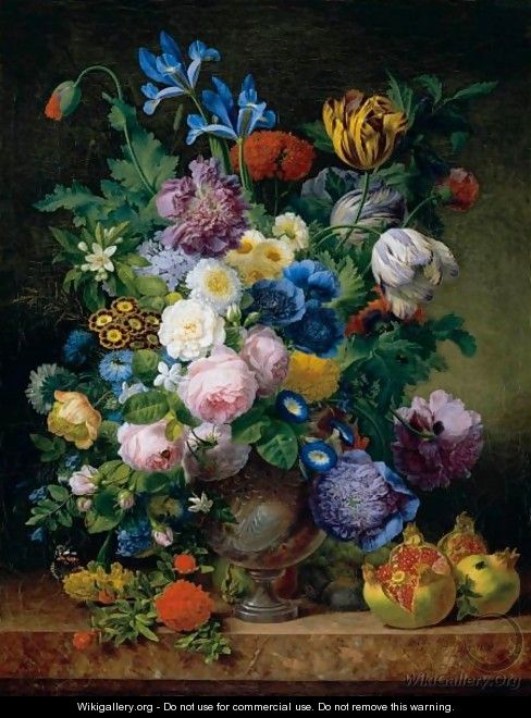 Still Life With Tulips, Carnations, Roses, Irises, Narcissi And Various Other Flowers In A Silver Vase Together With Figs - Joseph-Pierre-Xavier Bidauld