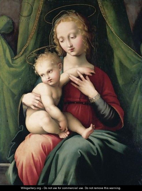 The Madonna And Child Seated Beneath A Green Draped Curtain - Italian Unknown Master