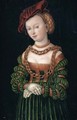 Portrait Of A Young Woman, Three-Quarter Length, As A Court Beauty, Wearing A Red Cap And A Green Dress Trimmed With Gold, Her Decolletage Bedecked With Gold Chains - Lucas The Elder Cranach