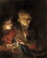 A Night Scene With An Old Lady Holding A Basket And A Candle, A Young Boy At Her Side About To Light His Candle From Hers - Peter Paul Rubens