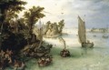 A River Scene With Boats Unloading At A Quay, And A Village Beyond - Jan The Elder Brueghel