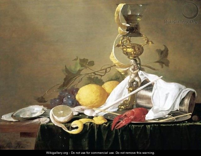 Still Life Of A Wine-Glass On A Parcel-Gilt Stand, An Overturned Silver Beaker And A Lobster On A Pewter Plate, Together With A Clay Pipe, Lemons, Grapes, Shrimps And Oysters, All Arranged Upon A Table-Top Draped With A Green Cloth - Jan Davidsz. De Heem