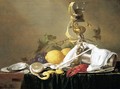 Still Life Of A Wine-Glass On A Parcel-Gilt Stand, An Overturned Silver Beaker And A Lobster On A Pewter Plate, Together With A Clay Pipe, Lemons, Grapes, Shrimps And Oysters, All Arranged Upon A Table-Top Draped With A Green Cloth - Jan Davidsz. De Heem