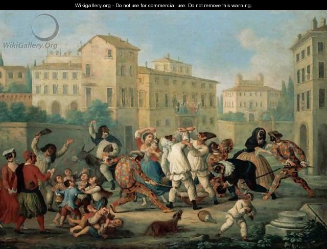 Carnival Scene With Children Dancing And Figures In Commedia Dell