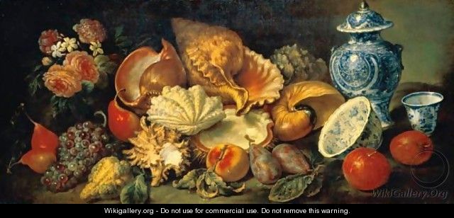 Still Life With A Conch Shell, A Nautilus Shell And Other Seashells Together With Pears, Grapes, A Peach, Plums, Apples, A Bouquet Of Flowers And Porcelain Vessels - Neapolitan School