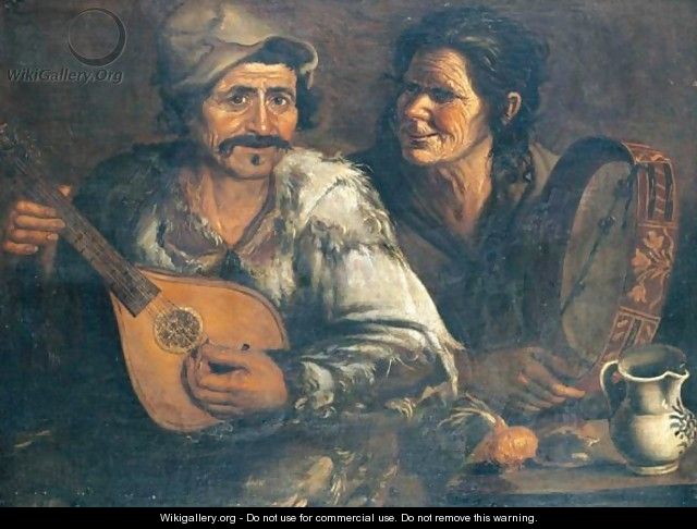 A Man And Woman Playing A Mandolin And Tambourine At A Table - (after) Jan De Herdt