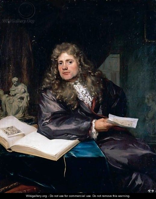 Portrait Of A Collector In His Study, Seated At A Table, Holding A Drawing And Surrounded By Sculptures And A Drawing Folio - David van der Plaes
