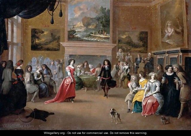 An Interior With An Elegant Company Dancing And Playing Cards - Hieronymus Janssens